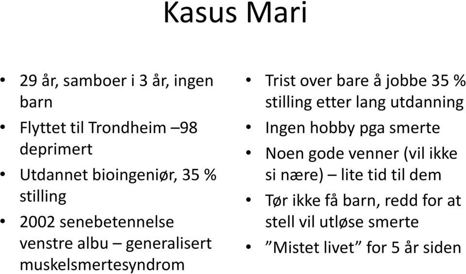 over bare å jobbe 35 % stilling etter lang utdanning Ingen hobby pga smerte Noen gode venner (vil