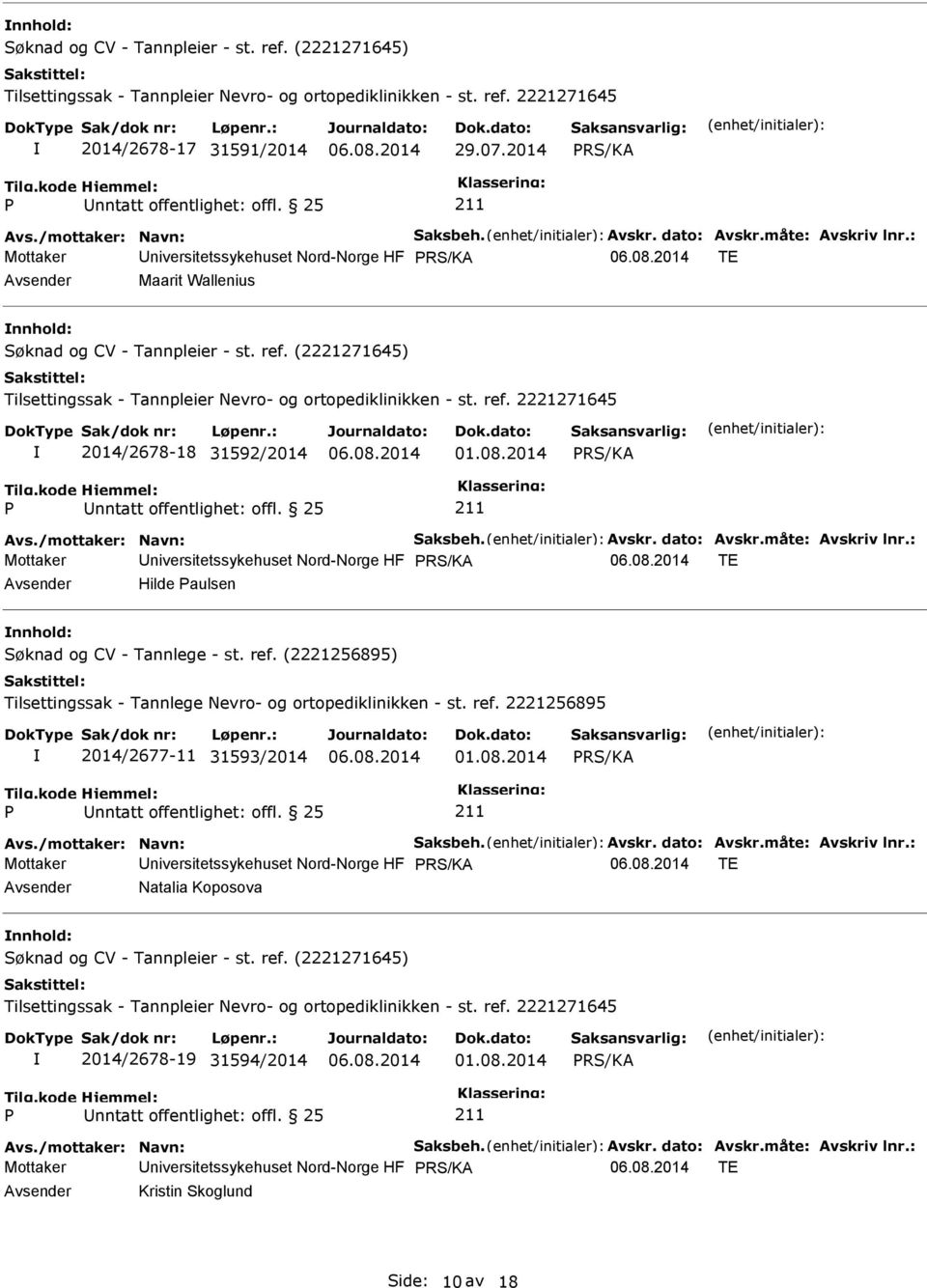 2014 Mottaker Universitetssykehuset Nord-Norge HF TE Avsender Hilde aulsen nnhold: 2014/2677-11 31593/2014 01.08.