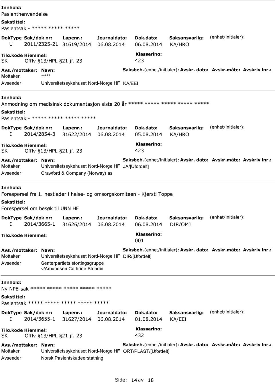 2014/2854-3 31622/2014 Offlv 13/HL 21 jf. 23 Mottaker Universitetssykehuset Nord-Norge HF JA/[Ufordelt] Avsender Crawford & Company (Norway) as nnhold: Forespørsel fra 1.