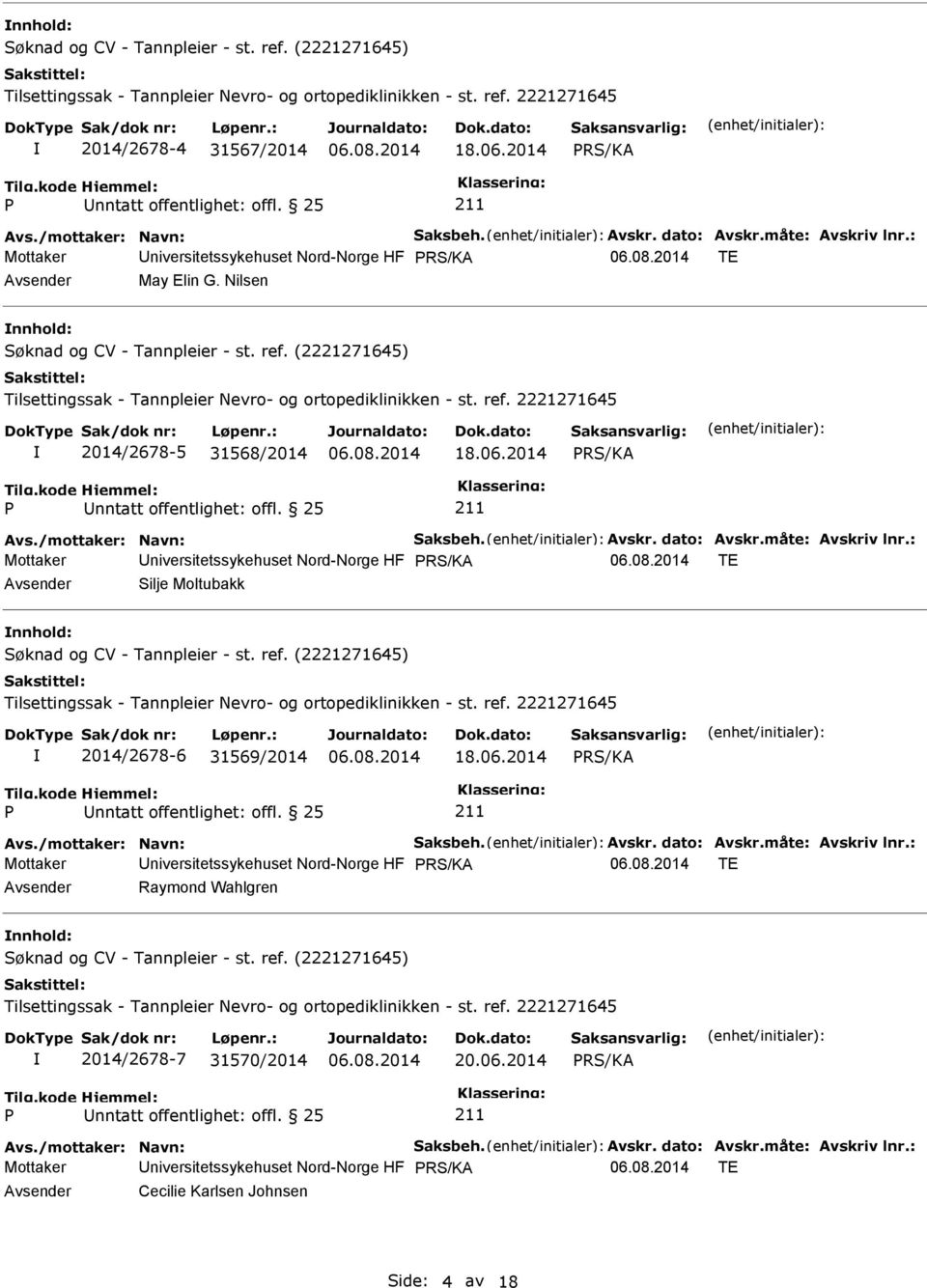 2014 Mottaker Universitetssykehuset Nord-Norge HF TE Avsender Silje Moltubakk nnhold: 2014/2678-6 31569/2014 18.06.