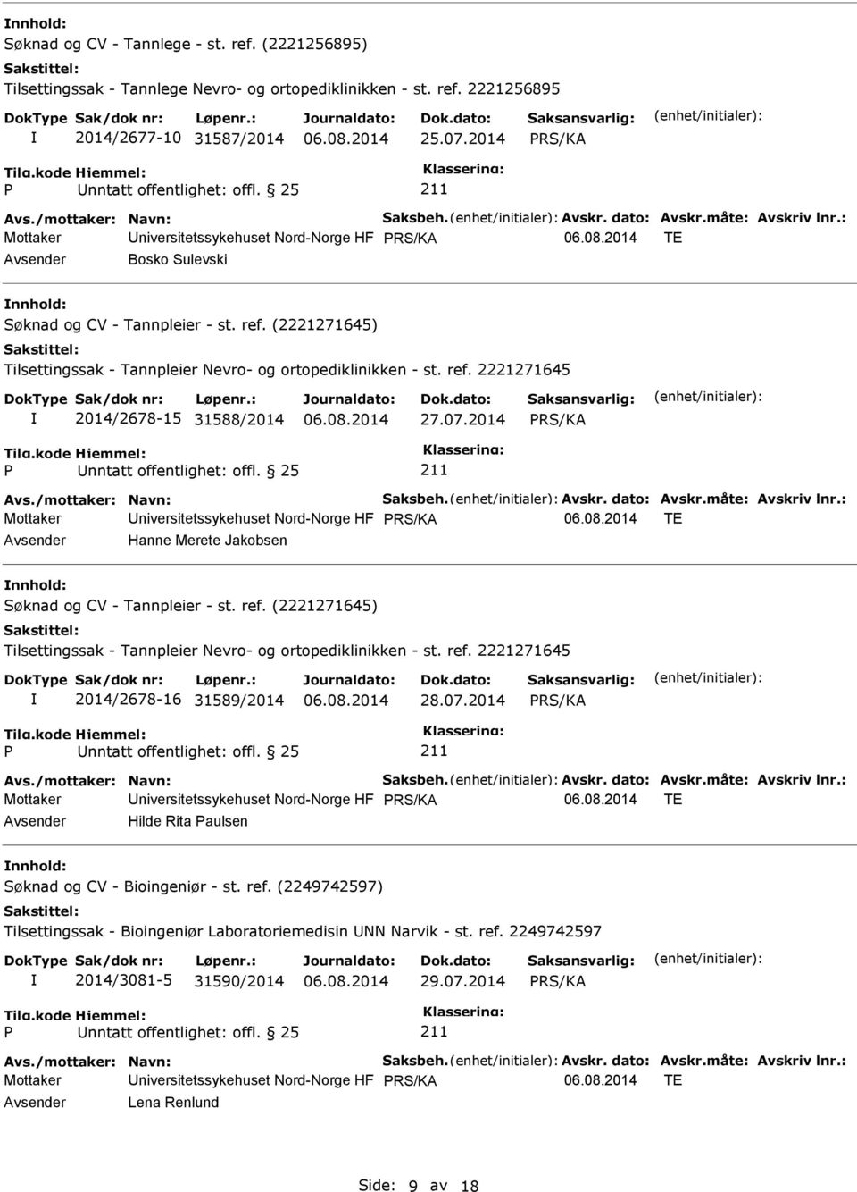 2014 Mottaker Universitetssykehuset Nord-Norge HF TE Avsender Hanne Merete Jakobsen nnhold: 2014/2678-16 31589/2014 28.07.