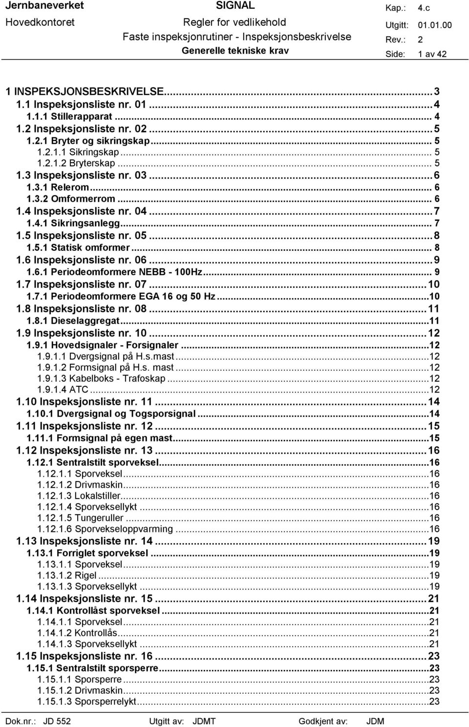 5 Inspeksjonsliste nr. 05...8 1.5.1 Statisk omformer... 8 1.6 Inspeksjonsliste nr. 06...9 1.6.1 Periodeomformere NEBB - 100Hz... 9 1.7 Inspeksjonsliste nr. 07...10 1.7.1 Periodeomformere EGA 16 og 50 Hz.