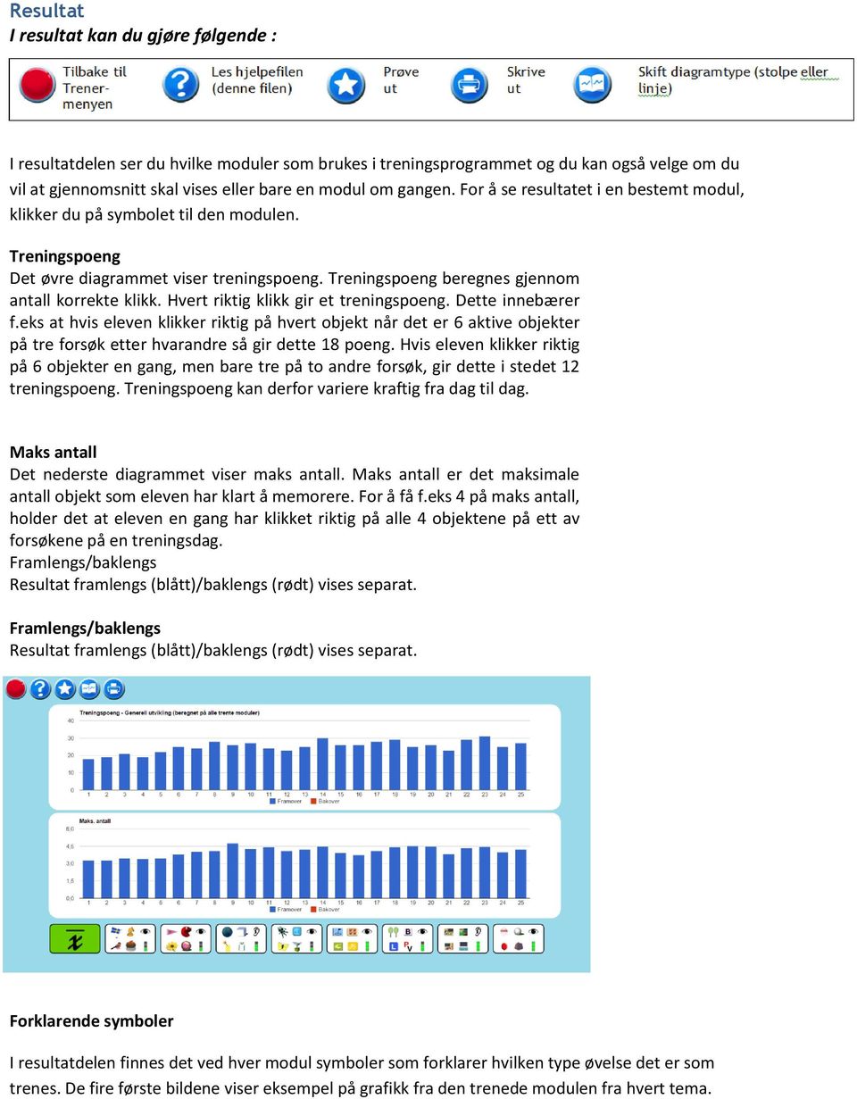 Hvert riktig klikk gir et treningspoeng. Dette innebærer f.eks at hvis eleven klikker riktig på hvert objekt når det er 6 aktive objekter på tre forsøk etter hvarandre så gir dette 18 poeng.