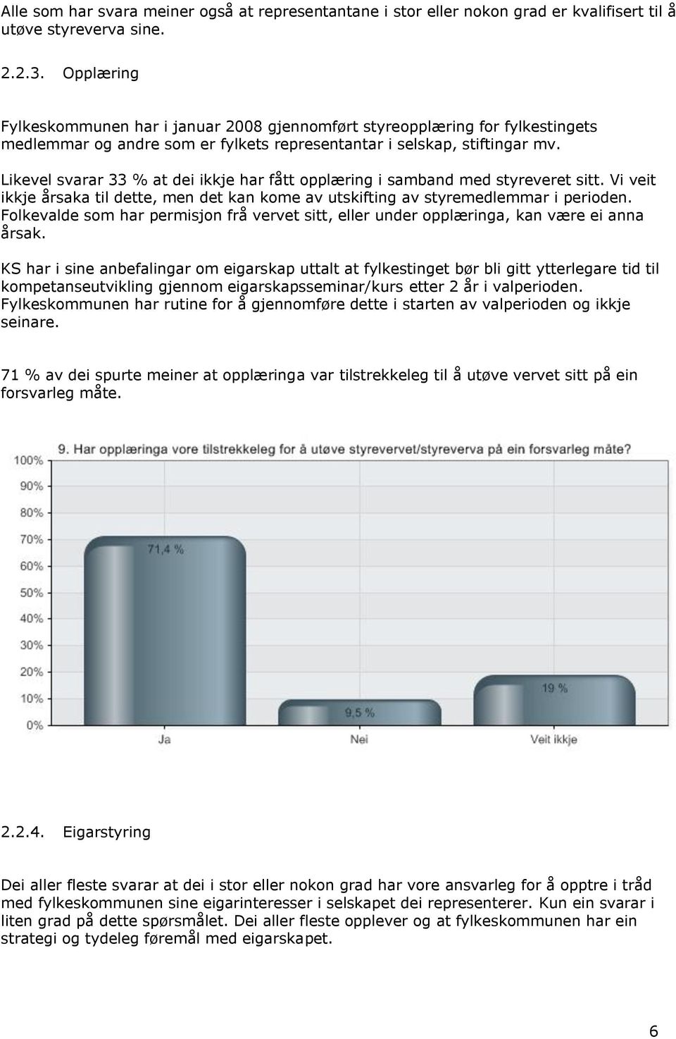 Likevel svarar 33 % at dei ikkje har fått opplæring i samband med styreveret sitt. Vi veit ikkje årsaka til dette, men det kan kome av utskifting av styremedlemmar i perioden.