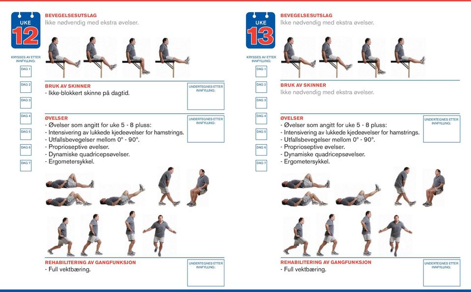 - Ergometersykkel.  - Utfallsbevegelser mellom 0º - 90º. - Proprioseptive øvelser. - Dynamiske quadricepsøvelser.