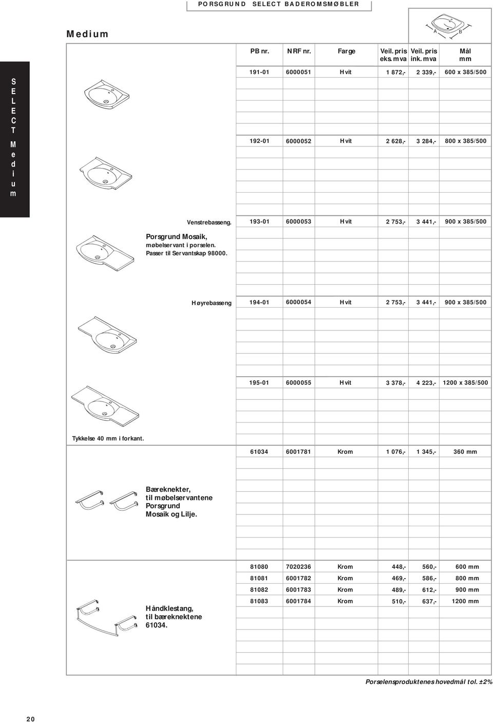 6000055 3 378,- 4 223,- 1200 x 385/500 Tykkelse 40 mm i forkant 61034 6001781 Krom 1 076,- 1 345,- 360 mm æreknekter, til møbelservantene Porsgrund Mosaik og Lilje Håndklestang, til bæreknektene