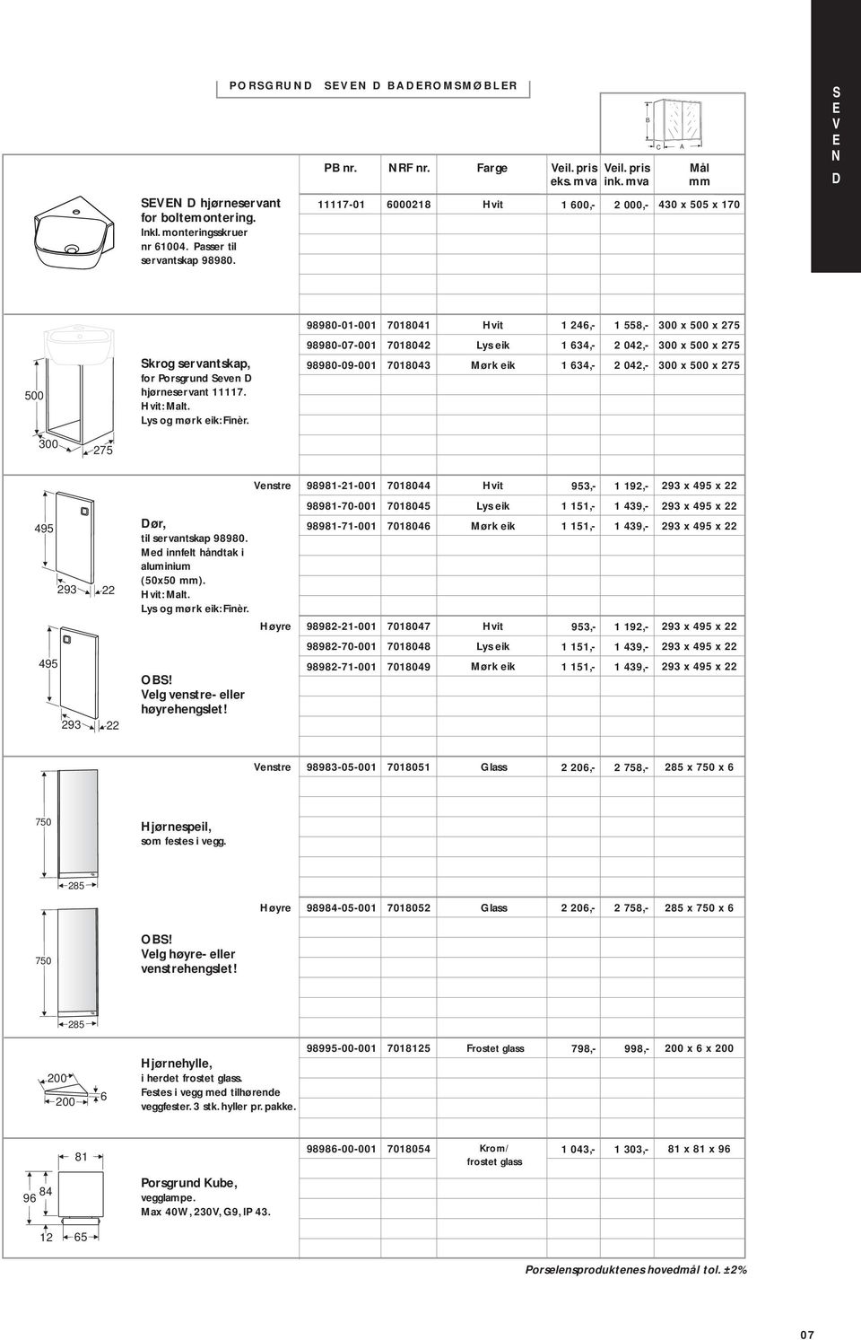 Mørk eik 1 246,- 1 558,- 1 634,- 2 042,- 1 634,- 2 042,- 300 x 500 x 275 300 x 500 x 275 300 x 500 x 275 300 275 495 293 495 293 22 22 Dør, til servantskap 98980 Med innfelt håndtak i aluminium