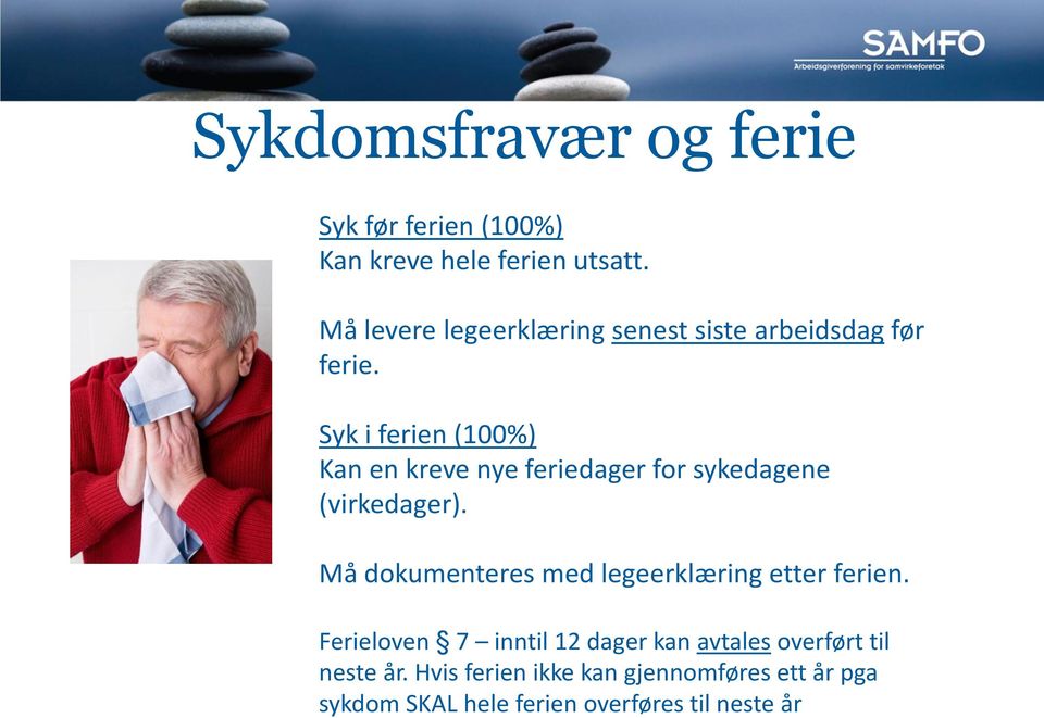 Syk i ferien (100%) Kan en kreve nye feriedager for sykedagene (virkedager).