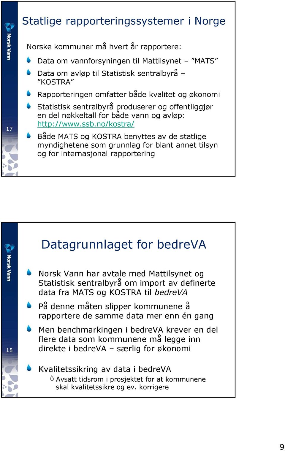 no/kostra/ Både MATS og KOSTRA benyttes av de statlige myndighetene som grunnlag for blant annet tilsyn og for internasjonal rapportering Datagrunnlaget for bedreva Norsk Vann har avtale med