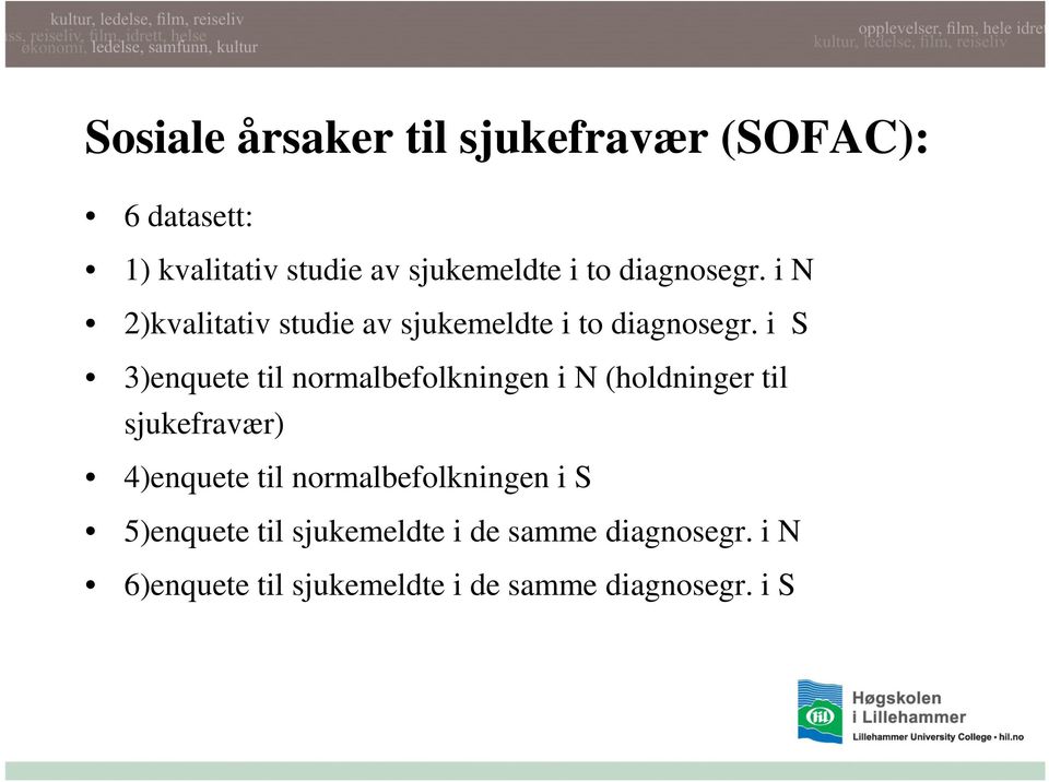 i S 3)enquete til normalbefolkningen i N (holdninger til sjukefravær) 4)enquete til