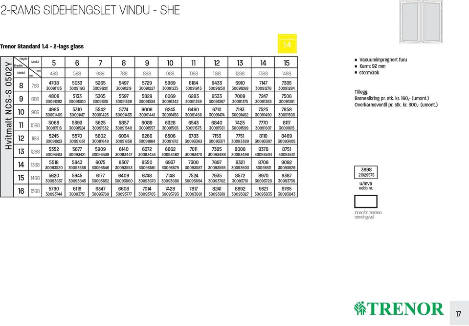 : 2-rams sidehengslet vindu - she Trenor Standard - 2-lags glass vitmalt NCS-S 002Y øyde 1 4 40 033 2 4 2 433 3 300 3003 30001 3001 3002 3003 30043 3000 300 300 3004 40 3 3 2 0 23 33 00 24 0 3002