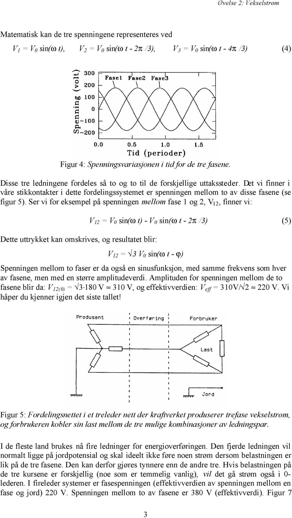 Ser vi for eksempel på spenningen mellom fase 1 og 2, V 12, finner vi: Dette uttrykket kan omskrives, og resultatet blir: V 12 = V 0 sin(ω t) - V 0 sin(ω t - 2π /3) (5) V 12 = 3 V 0 sin(ω t - ϕ)