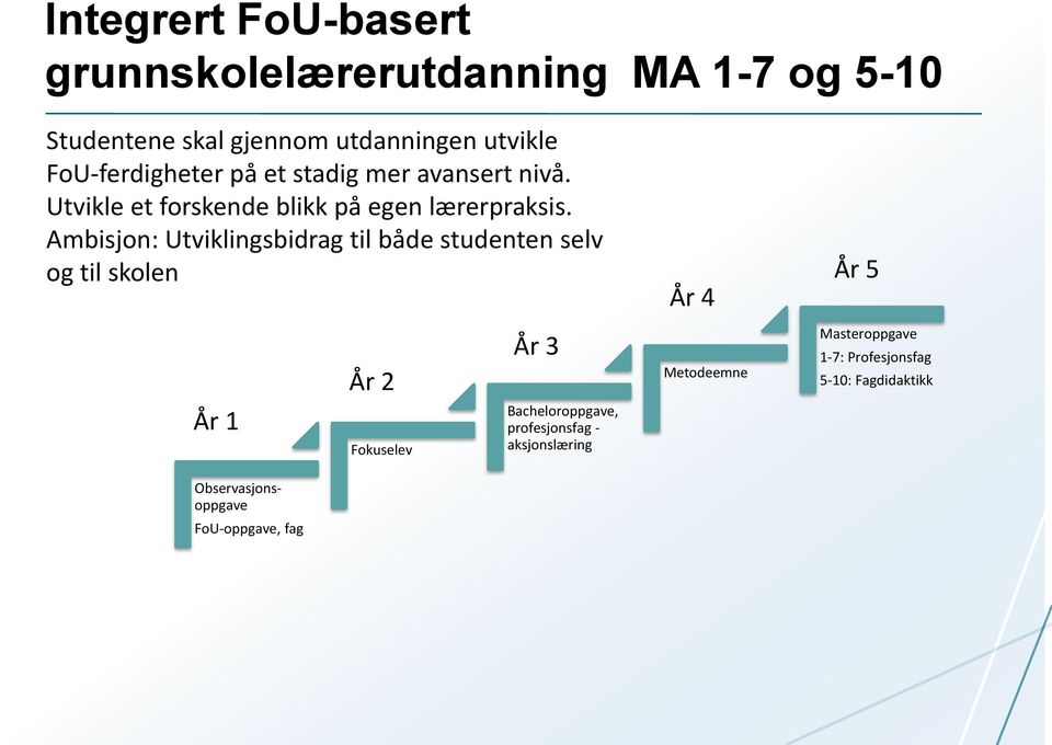 Ambisjon: Utviklingsbidrag til både studenten selv og til skolen År 4 År 5 År 2 År 3 Metodeemne Masteroppgave