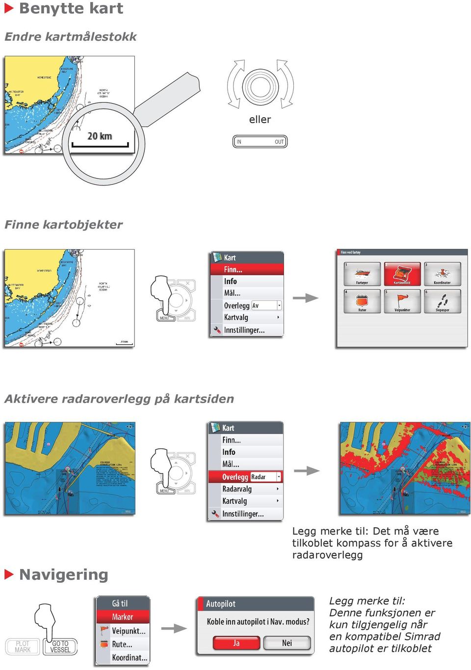 kompass for å aktivere radaroverlegg PLOT MARK GO TO VESSEL Legg merke til: