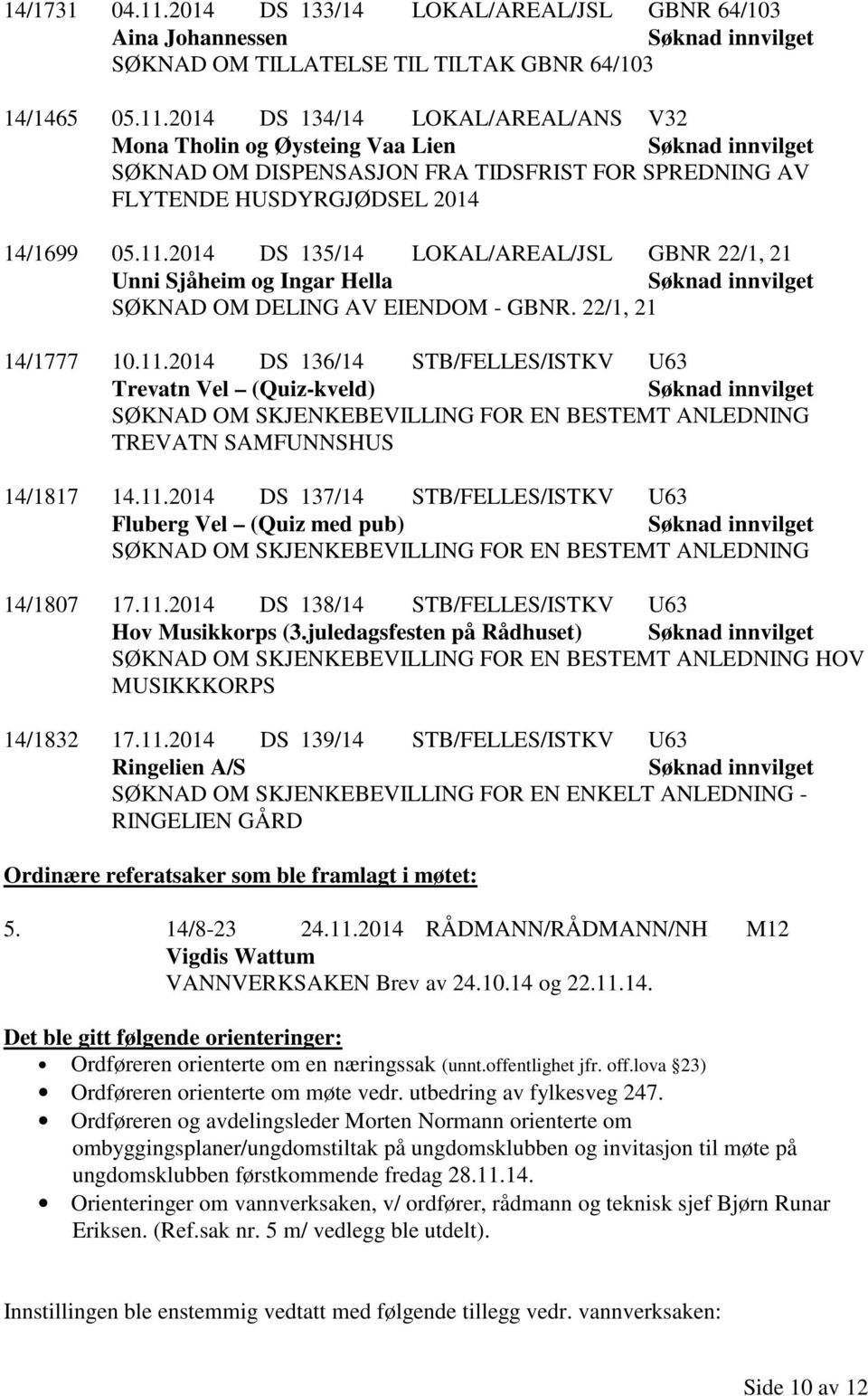 11.2014 DS 137/14 STB/FELLES/ISTKV U63 Fluberg Vel (Quiz med pub) Søknad innvilget SØKNAD OM SKJENKEBEVILLING FOR EN BESTEMT ANLEDNING 14/1807 17.11.2014 DS 138/14 STB/FELLES/ISTKV U63 Hov Musikkorps (3.