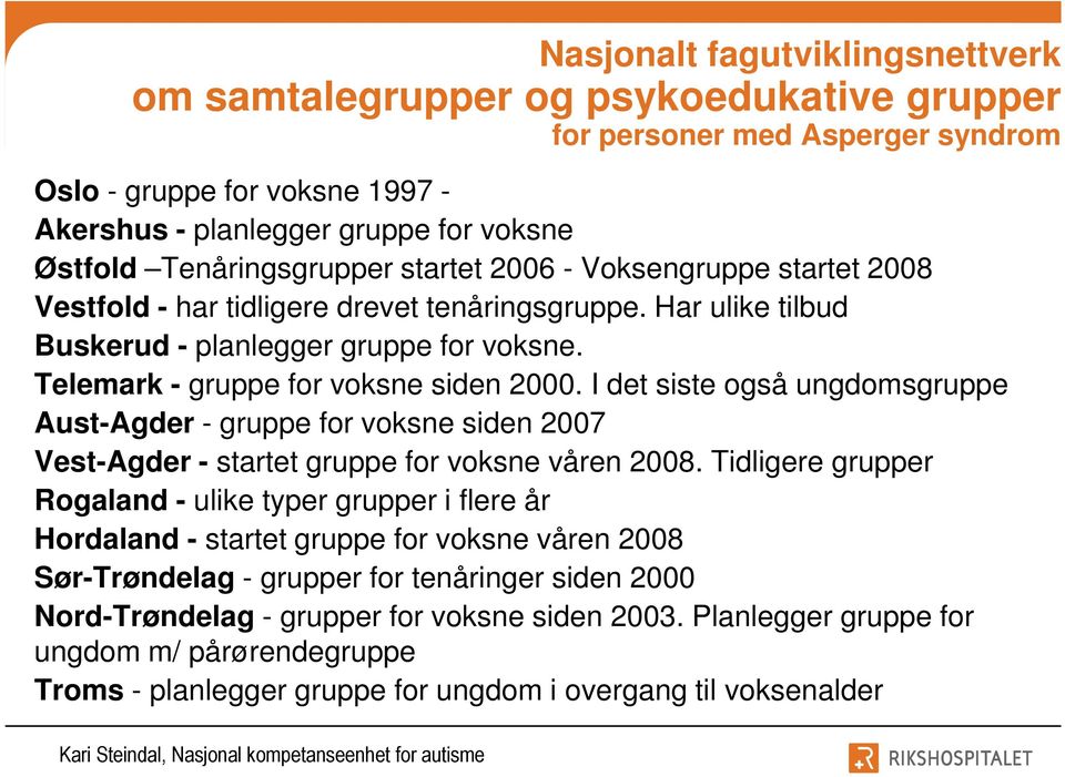 Telemark - gruppe for voksne siden 2000. I det siste også ungdomsgruppe Aust-Agder - gruppe for voksne siden 2007 Vest-Agder - startet gruppe for voksne våren 2008.