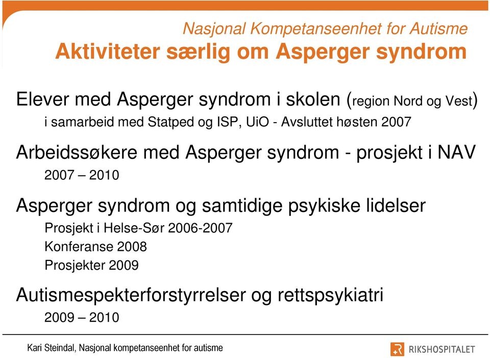 med Asperger syndrom - prosjekt i NAV 2007 2010 Asperger syndrom og samtidige psykiske lidelser Prosjekt