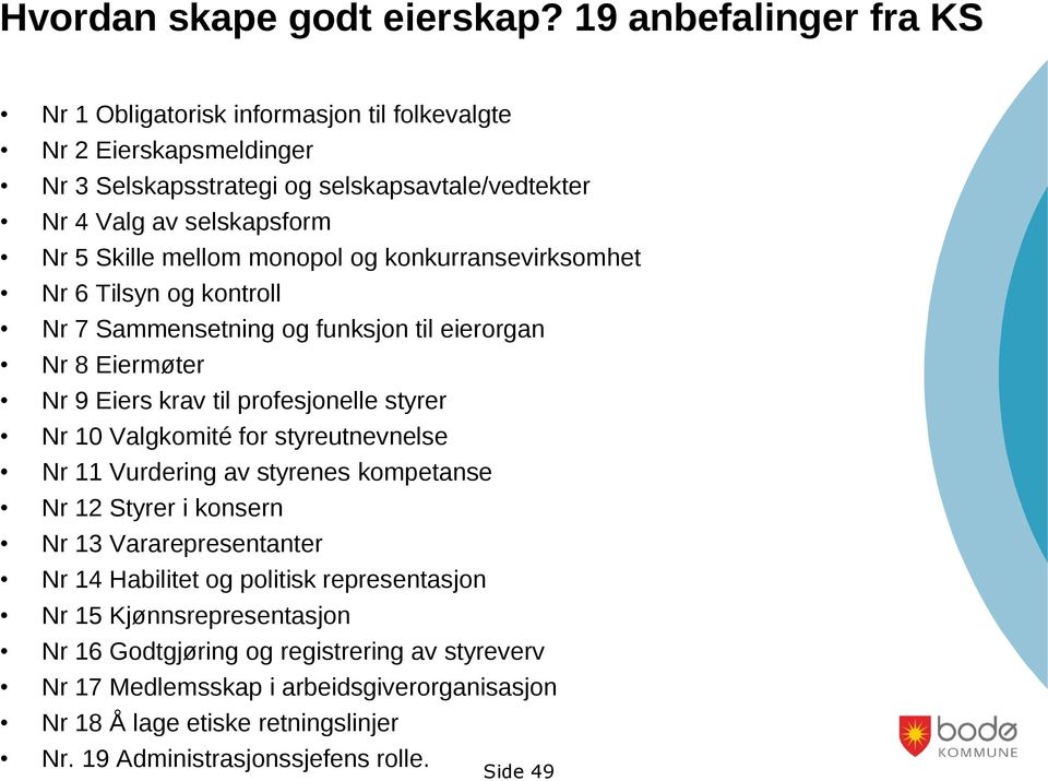 mellom monopol og konkurransevirksomhet Nr 6 Tilsyn og kontroll Nr 7 Sammensetning og funksjon til eierorgan Nr 8 Eiermøter Nr 9 Eiers krav til profesjonelle styrer Nr 10 Valgkomité