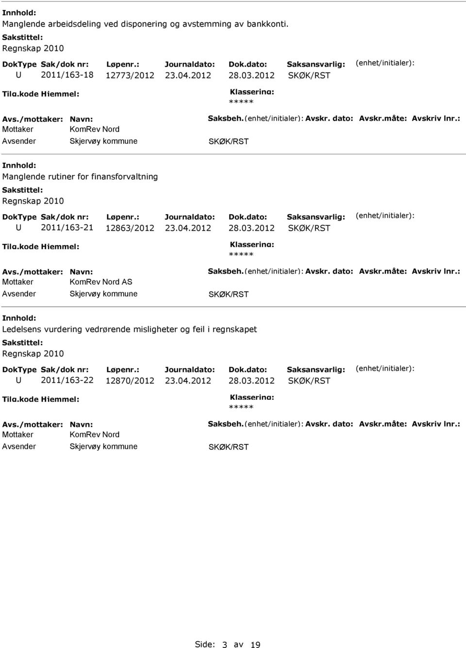 : KomRev Nord Manglende rutiner for finansforvaltning Regnskap 2010 2011/163-21 12863/2012 28.03.2012 Avs.