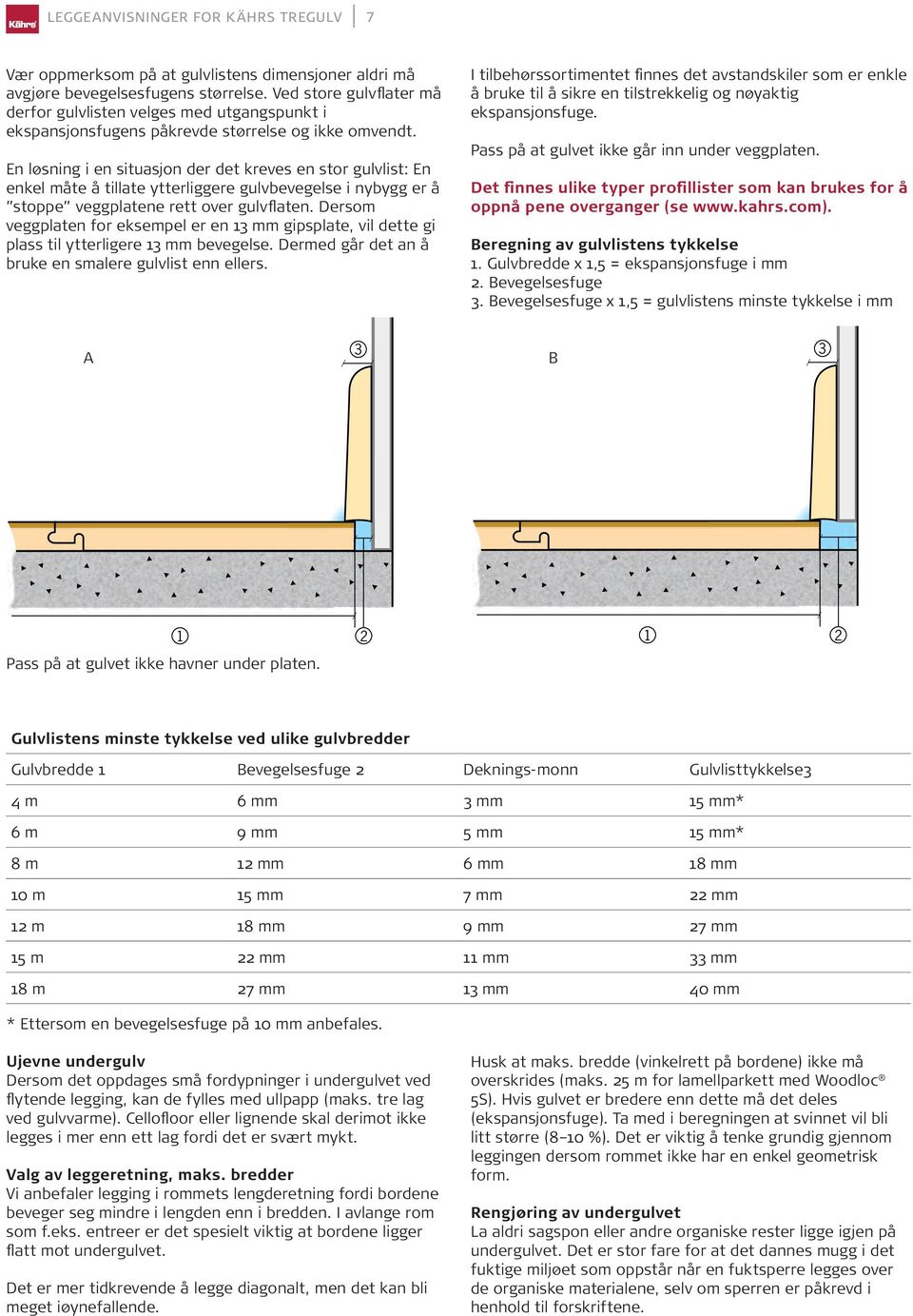 Ved store For practical gulvflater må derfor reasons gulvlisten it is convenient velges med to reckon utgangspunkt on a 10 i mm ekspansjonsfugens movement joint for påkrevde floor widths størrelse