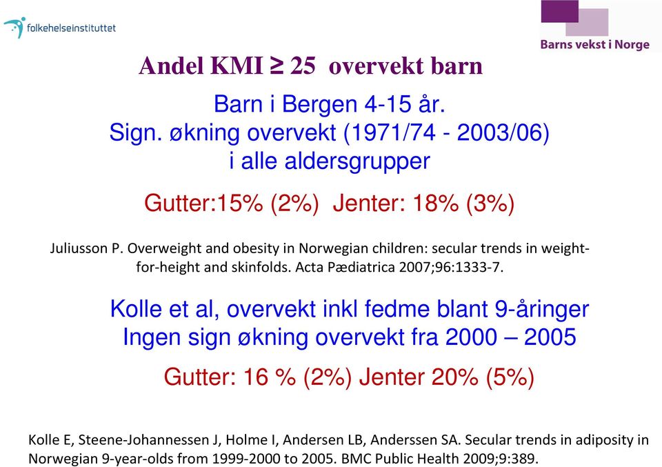 Overweight and obesity in Norwegian children: secular trends in weightfor-height and skinfolds. Acta Pædiatrica 2007;96:1333-7.