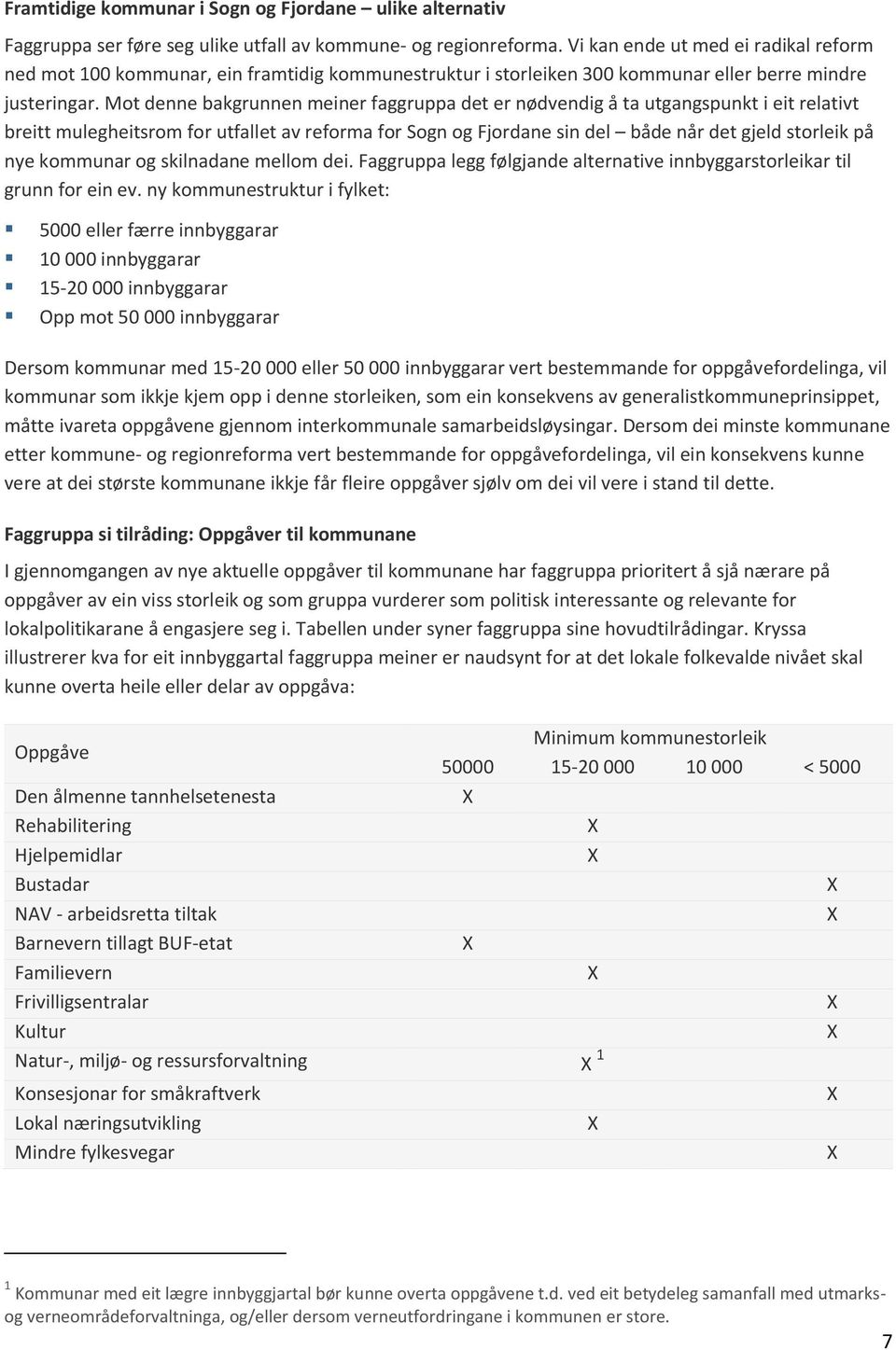 Mot denne bakgrunnen meiner faggruppa det er nødvendig å ta utgangspunkt i eit relativt breitt mulegheitsrom for utfallet av reforma for Sogn og Fjordane sin del både når det gjeld storleik på nye