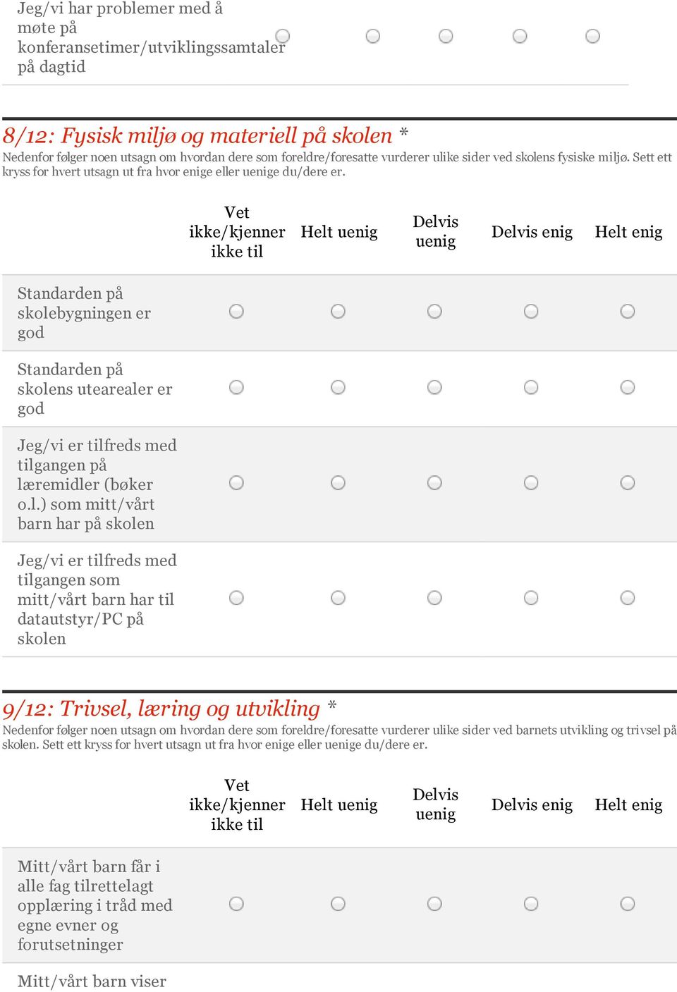 Helt enig Standarden på skolebygningen er god Standarden på skolens utearealer er god Jeg/vi er tilfreds med tilgangen på læremidler (bøker o.l.) som mitt/vårt barn har på skolen Jeg/vi er tilfreds