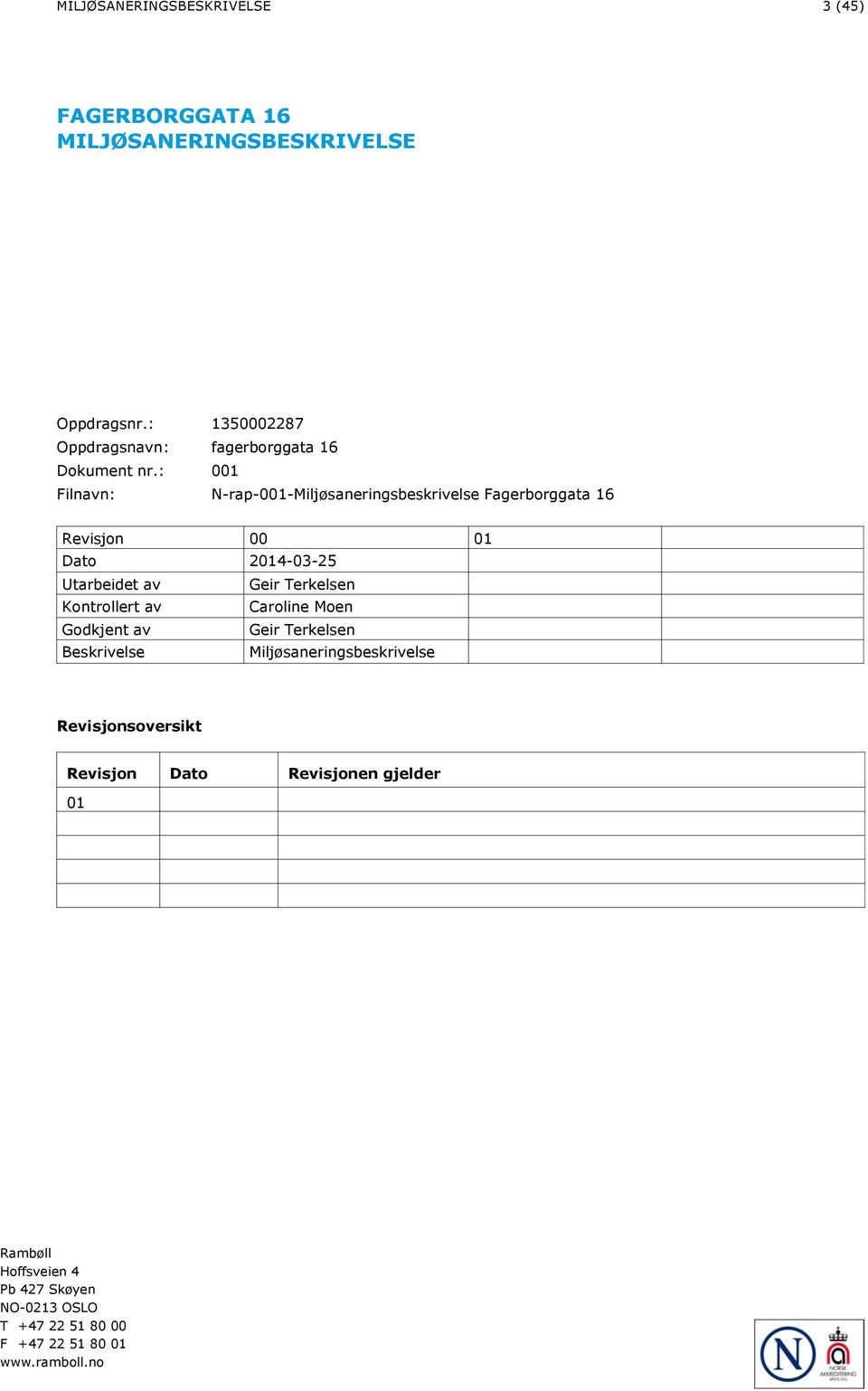 : 001 Filnavn: N-rap-001-Miljøsaneringsbeskrivelse Fagerborggata 16 Revisjon 00 01 Dato 2014-03-25 Utarbeidet av Geir Terkelsen