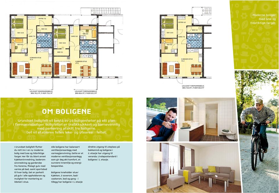3 M 2 OM BOLIGENE Grundset boligfelt vil bestå av 16 boligenheter på ett plan i flermannsboliger. Boligfeltet er trafikksikkert og barnevennlig med parkering atskilt fra boligene.