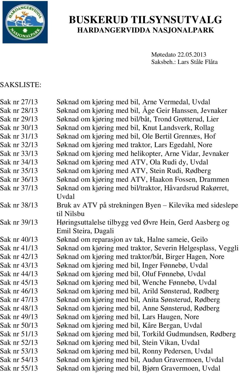 Sak nr 40/13 Sak nr 41/13 Sak nr 42/13 Sak nr 43/13 Sak nr 44/13 Sak nr 45/13 Sak nr 46/13 Sak nr 47/13 Sak nr 48/13 Sak nr 49/13 Sak nr 50/13 Sak nr 51/13 Sak nr 52/13 Sak nr 53/13 Sak nr 54/13 Sak