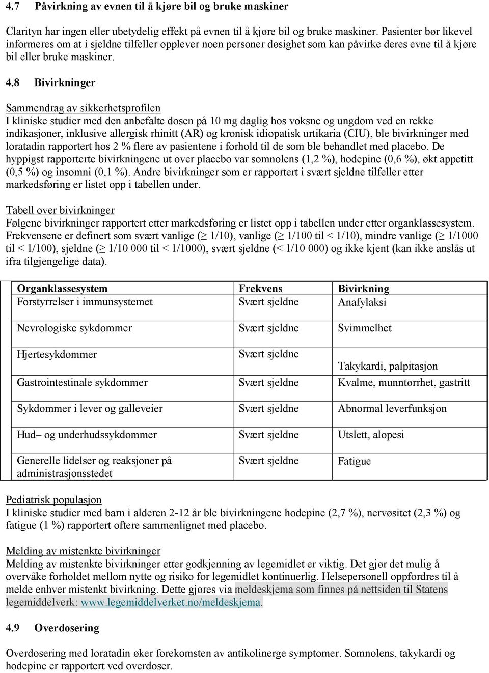 8 Bivirkninger Sammendrag av sikkerhetsprofilen I kliniske studier med den anbefalte dosen på 10 mg daglig hos voksne og ungdom ved en rekke indikasjoner, inklusive allergisk rhinitt (AR) og kronisk