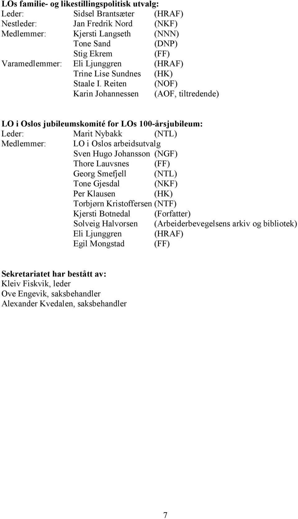 Reiten (NOF) Karin Johannessen (AOF, tiltredende) LO i Oslos jubileumskomité for LOs 100-årsjubileum: Leder: Marit Nybakk (NTL) Medlemmer: LO i Oslos arbeidsutvalg Sven Hugo Johansson (NGF) Thore