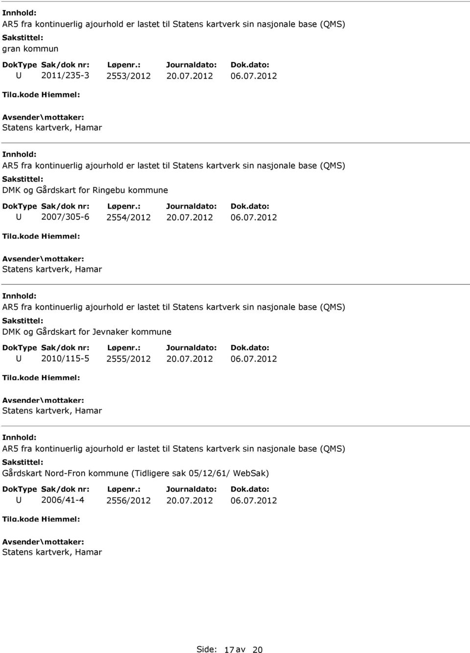 ajourhold er lastet til Statens kartverk sin nasjonale base (QMS) DMK og Gårdskart for Jevnaker kommune 2010/115-5 2555/2012 Statens kartverk, Hamar R5 fra kontinuerlig