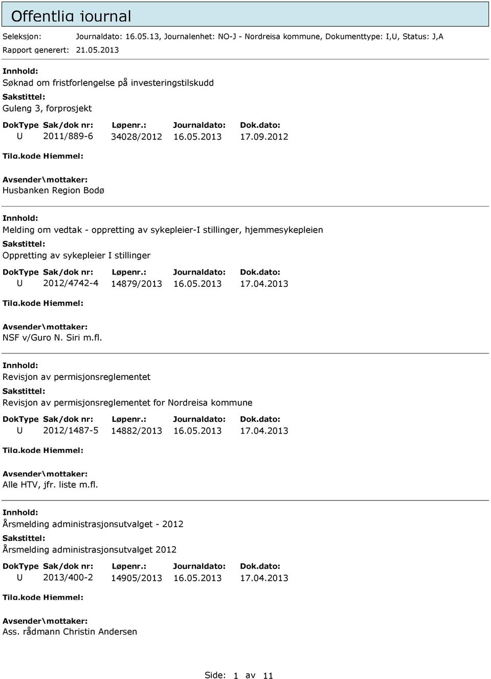 2013 NSF v/guro N. Siri m.fl. Revisjon av permisjonsreglementet Revisjon av permisjonsreglementet for Nordreisa kommune 2012/1487-5 14882/2013 17.04.2013 Alle HTV, jfr. liste m.fl. Årsmelding administrasjonsutvalget - 2012 Årsmelding administrasjonsutvalget 2012 2013/400-2 14905/2013 17.