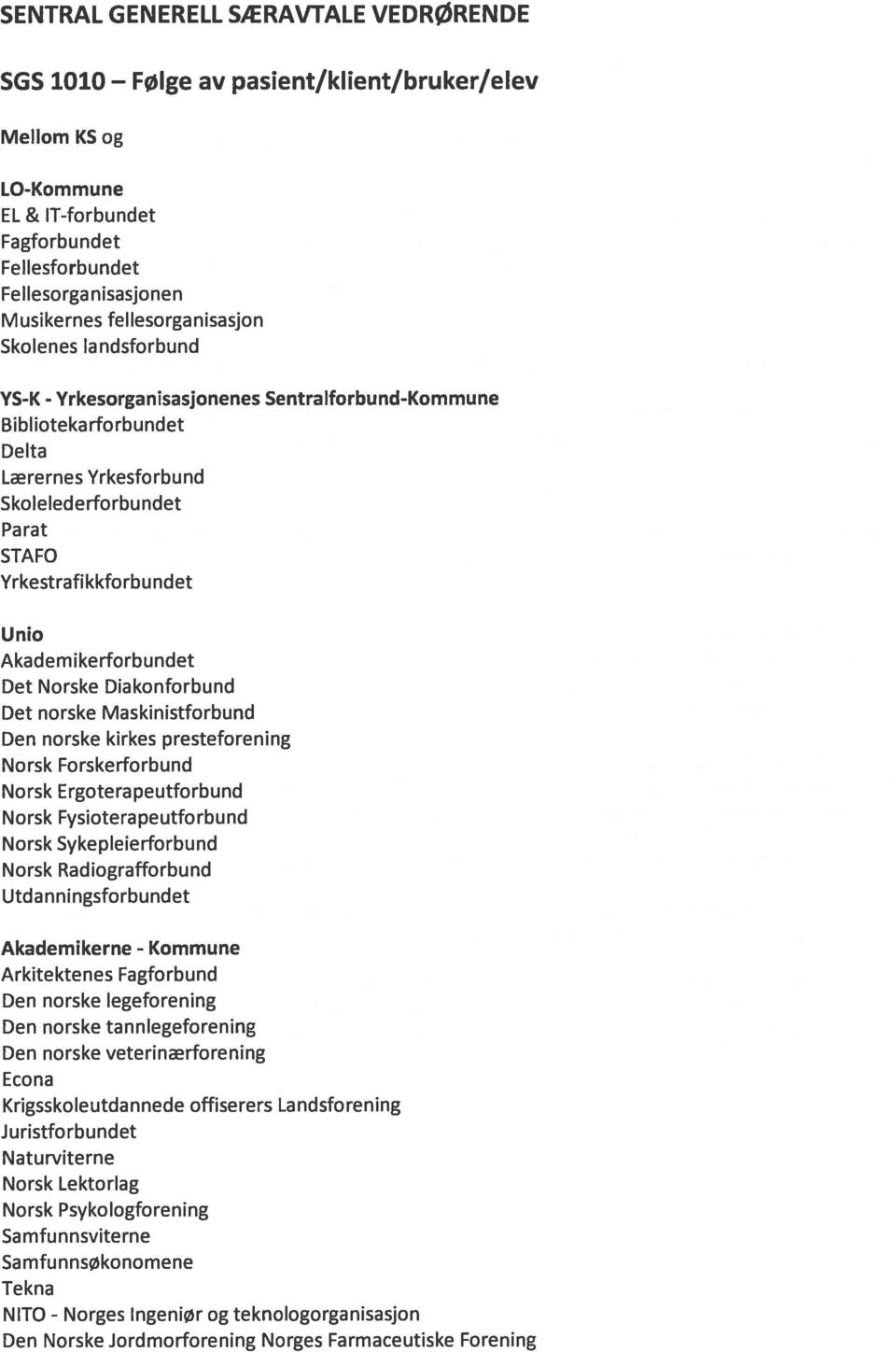 Yrkestrafikkforbundet Unio Aka dem ike rfo rbu ndet Det Norske Diakonforbund Det norske Maskinistforbund Den norske kirkes presteforening Norsk Forskerforbund Norsk Ergoterapeutforbund Norsk