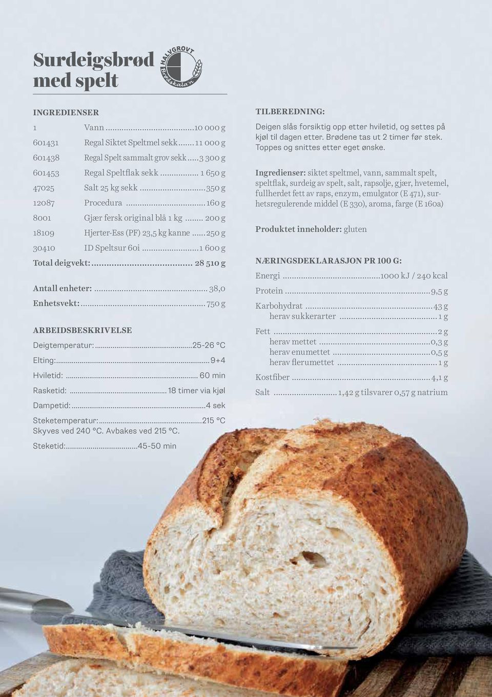 .. 38,0 Enhetsvekt:... 750 g Deigtemperatur:...25-26 C Elting:...9+4 Hviletid:... 60 min Rasketid:... 18 timer via kjøl Dampetid:...4 sek Steketemperatur:...215 C Skyves ved 240 C. Avbakes ved 215 C.