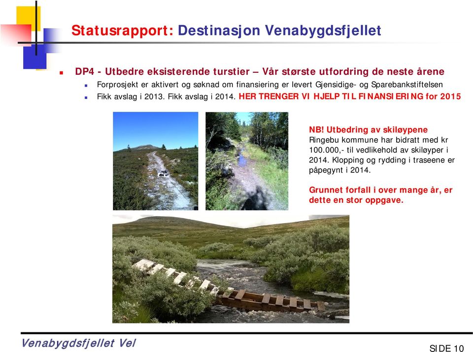 HER TRENGER VI HJELP TIL FINANSIERING for 2015 NB! Utbedring av skiløypene Ringebu kommune har bidratt med kr 100.