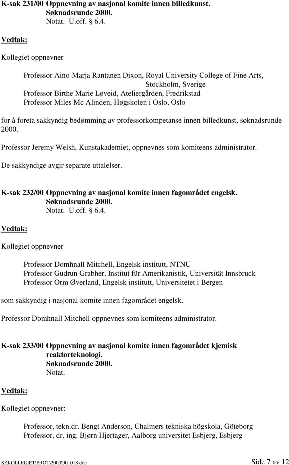 Alinden, Høgskolen i Oslo, Oslo for å foreta sakkyndig bedømming av professorkompetanse innen billedkunst, søknadsrunde 2000.