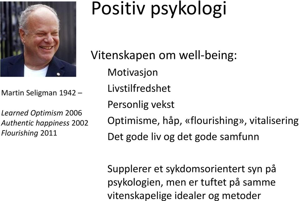 om well-being: Motivasjon Livstilfredshet Personlig vekst Optimisme, håp, «flourishing»,