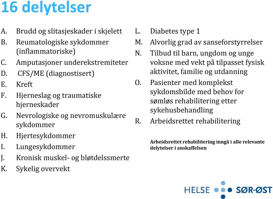 Diabetes type 1 M. Alvorlig grad av sanseforstyrrelser N. Tilbud til barn, ungdom og unge voksne med vekt på tilpasset fysisk aktivitet, familie og utdanning O.