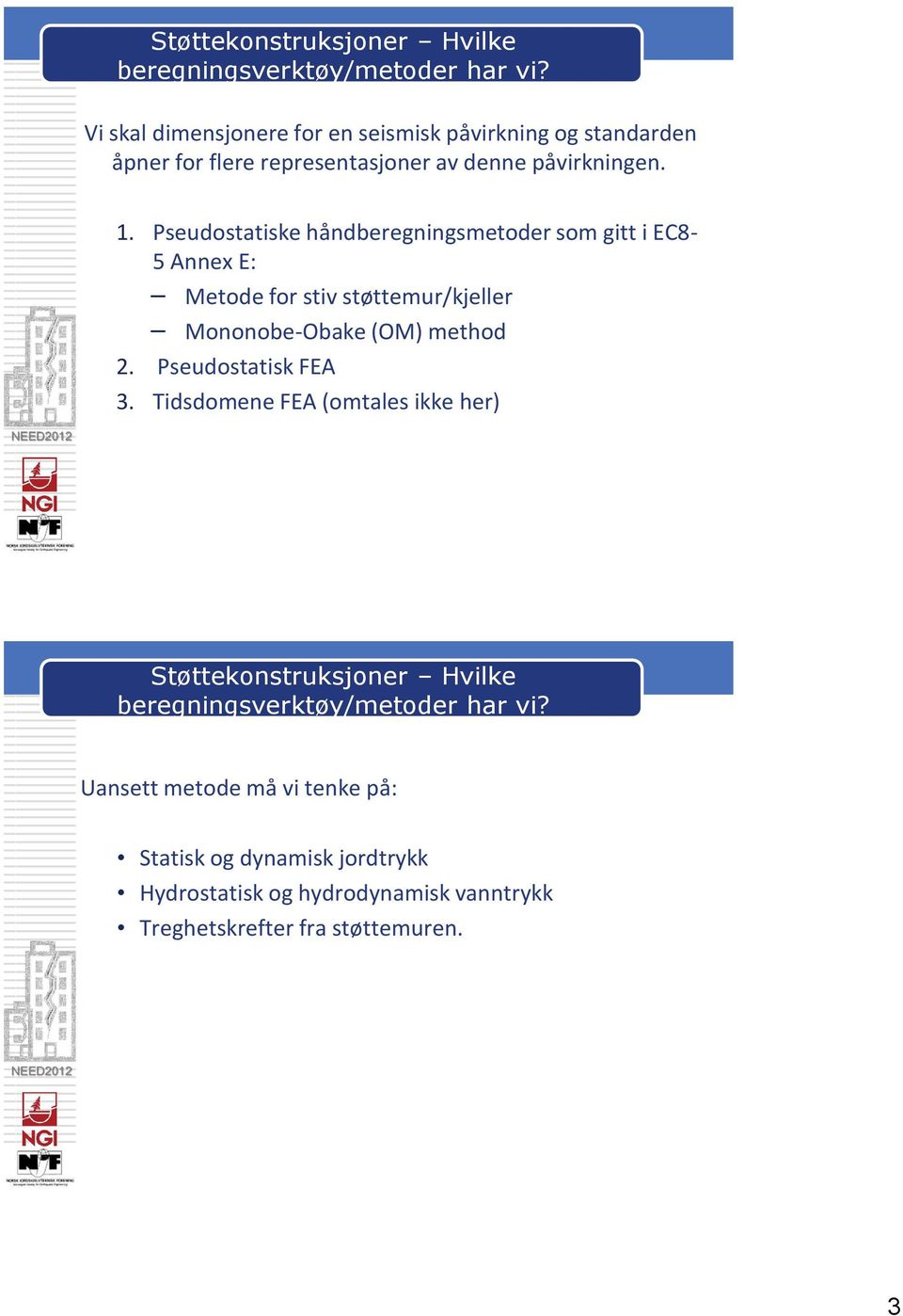 Pseudostatiske håndberegningsmetoder som gitt i EC8-5 Annex E: Metode for stiv støttemur/kjeller Mononobe-Obake (OM) method