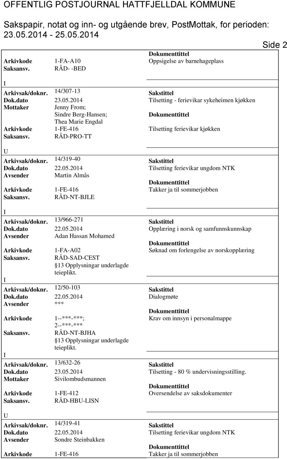 2014 Tilsetting ferievikar ungdom NTK Avsender Martin Almås Arkivkode 1-FE-416 Takker ja til sommerjobben Saksansv. RÅD-NT-BJLE Arkivsak/doknr. 13/966-271 Sakstittel Dok.dato 22.05.