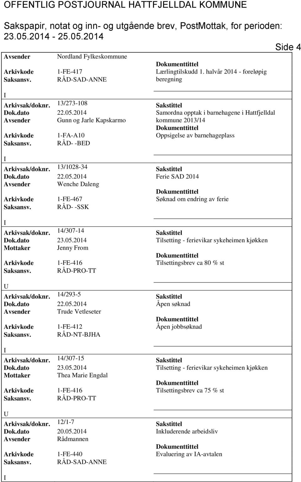 13/1028-34 Sakstittel Dok.dato 22.05.2014 Ferie SAD 2014 Avsender Wenche Daleng Arkivkode 1-FE-467 Søknad om endring av ferie Saksansv. RÅD- -SSK Arkivsak/doknr.