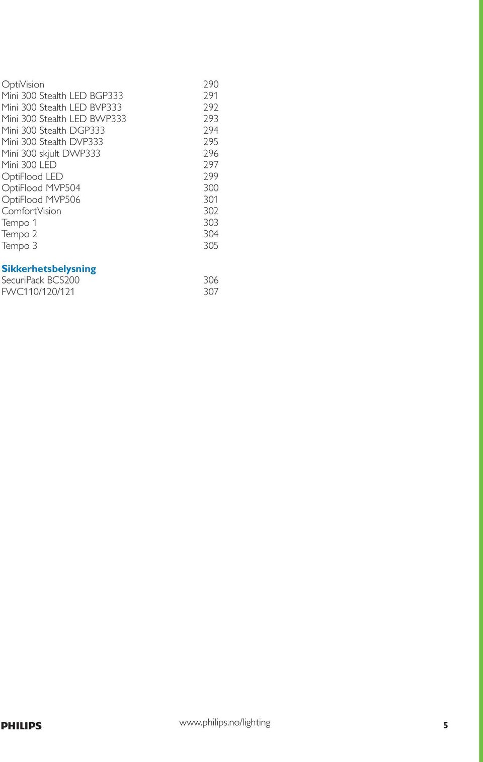 LED 297 OptiFlood LED 299 OptiFlood MVP504 300 OptiFlood MVP506 301 ComfortVision 302 Tempo 1 303