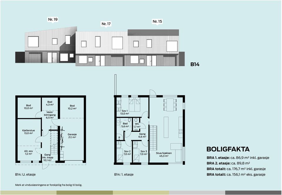 GARASJE Sov 2 7,0 m² WC 1,7 m² Gang 6,6 m² Sov 3 7,0 m² Stue/kjøkken 45,3 m² PLANER B14 10,0 m² Kjellerstue 13,0 m² 4,3 m² Vask/ biinngang 6,5 m² BOLIGFAKTA Alt.