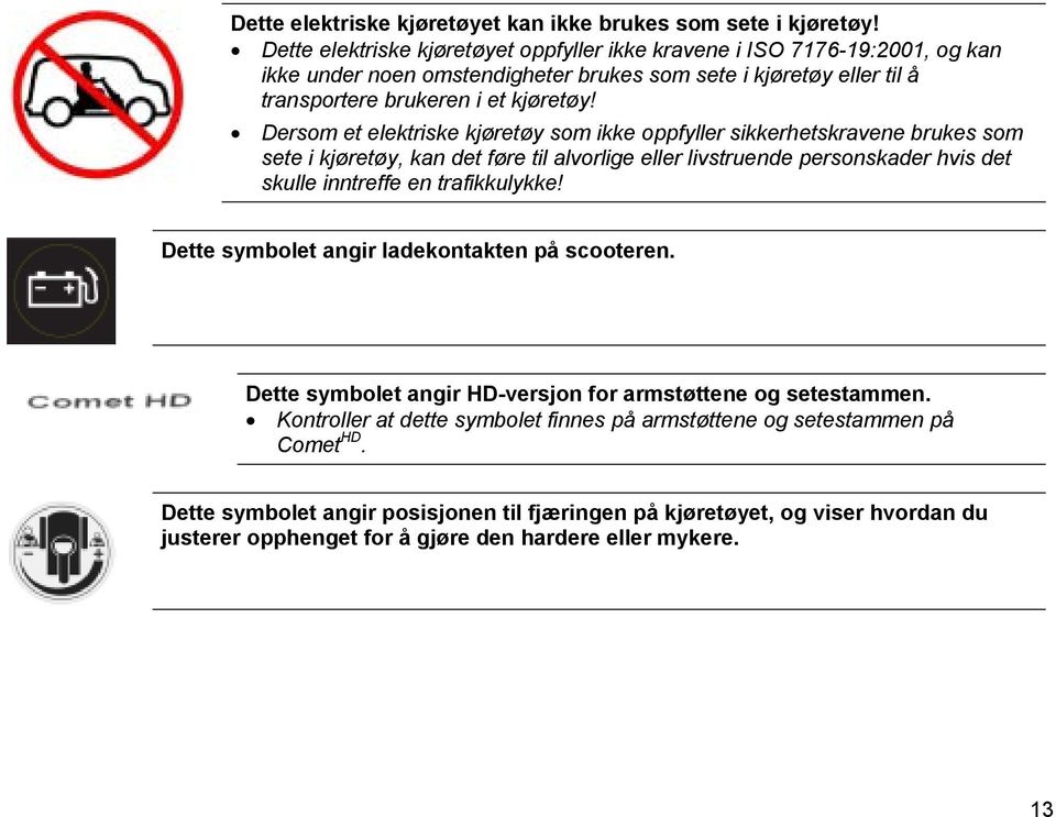 Dersom et elektriske kjøretøy som ikke oppfyller sikkerhetskravene brukes som sete i kjøretøy, kan det føre til alvorlige eller livstruende personskader hvis det skulle inntreffe en