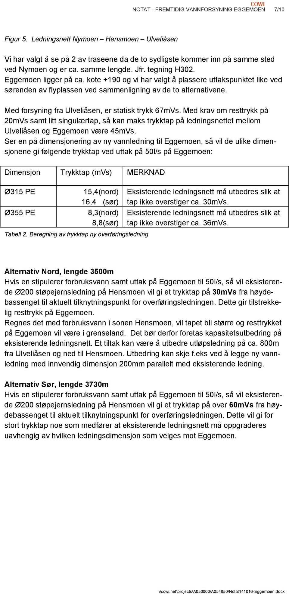 Med forsyning fra Ulveliåsen, er statisk trykk 67mVs. Med krav om resttrykk på 20mVs samt litt singulærtap, så kan maks trykktap på ledningsnettet mellom Ulveliåsen og Eggemoen være 45mVs.