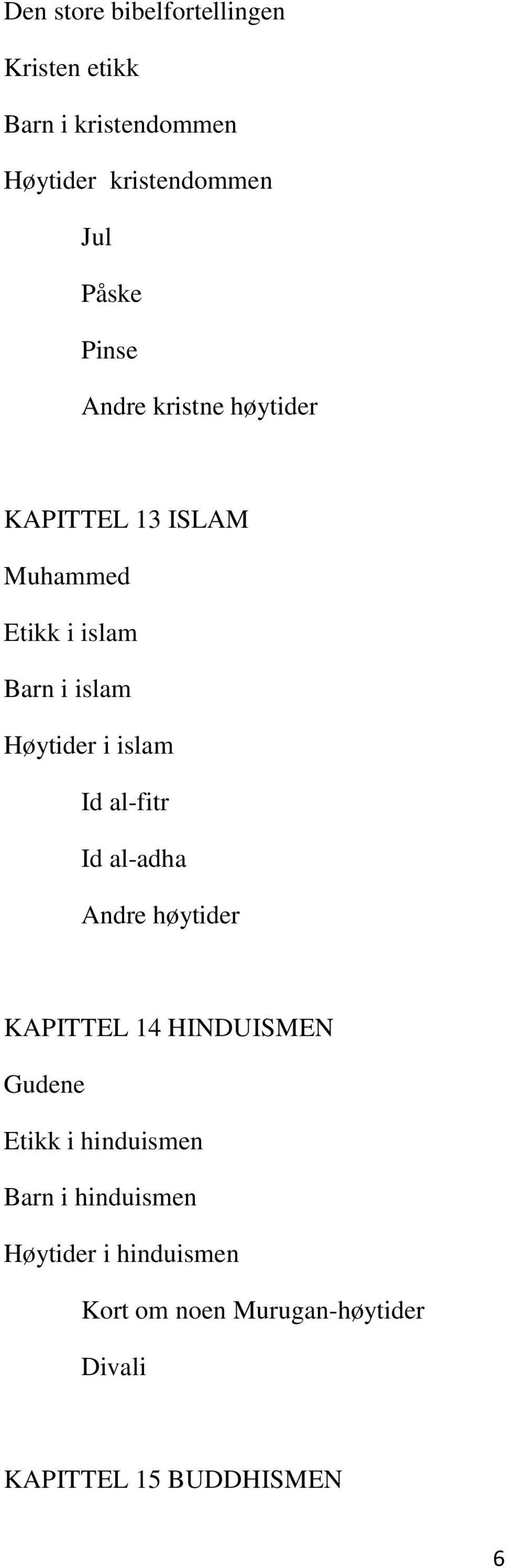 islam Id al-fitr Id al-adha Andre høytider KAPITTEL 14 HINDUISMEN Gudene Etikk i hinduismen