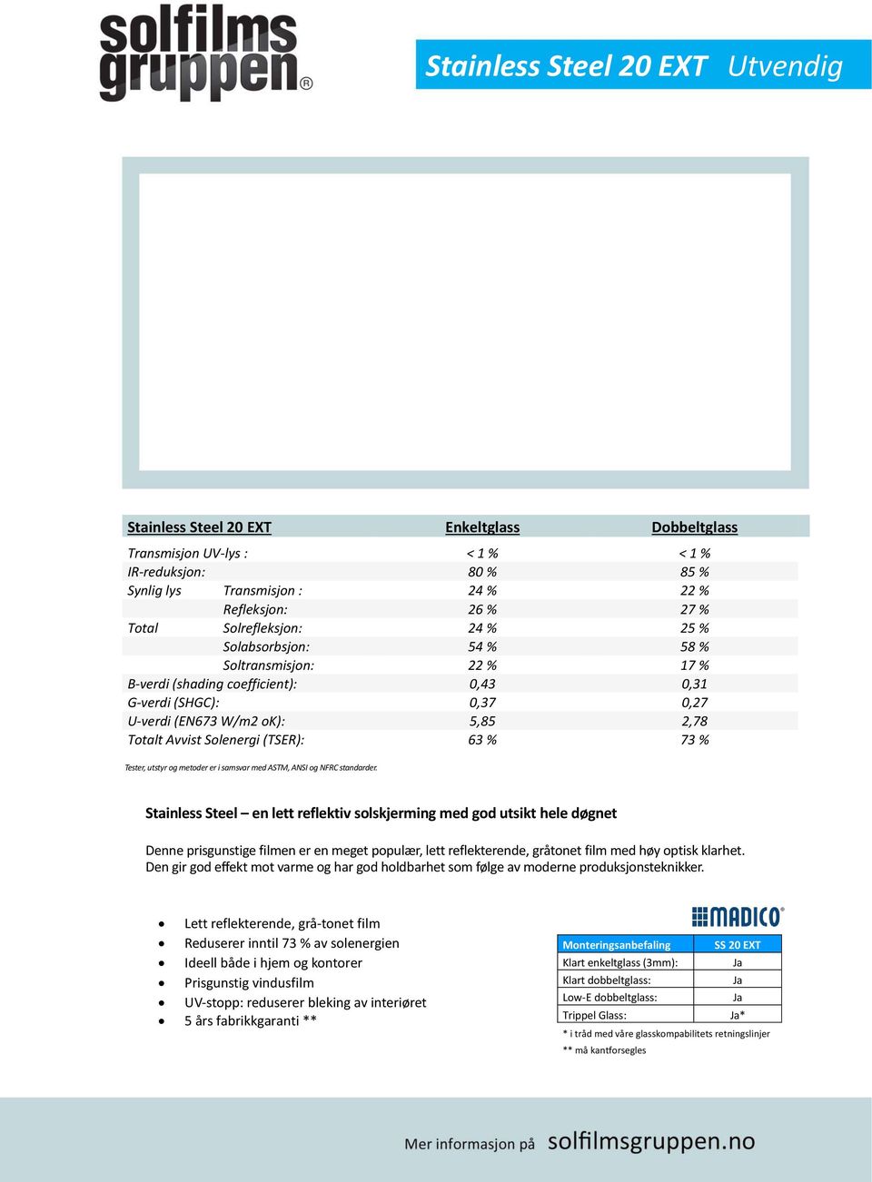 Solenergi (TSER): 63 % 73 % Tester, utstyr og metoder er i samsvar med ASTM, ANSI og NFRC standarder.