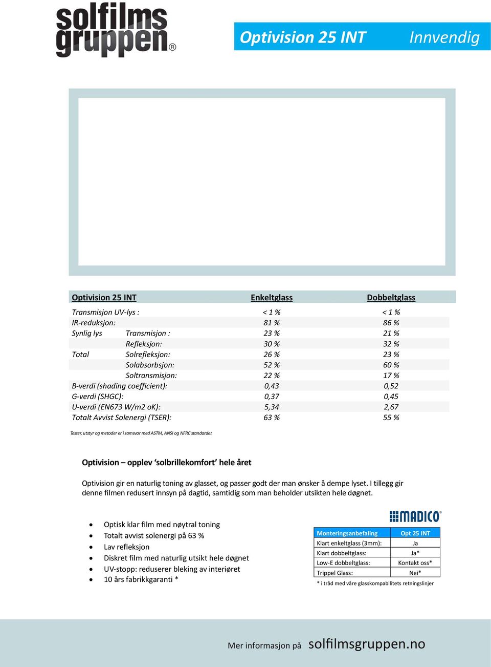 Solenergi (TSER): 63 % 55 % Tester, utstyr og metoder er i samsvar med ASTM, ANSI og NFRC standarder.